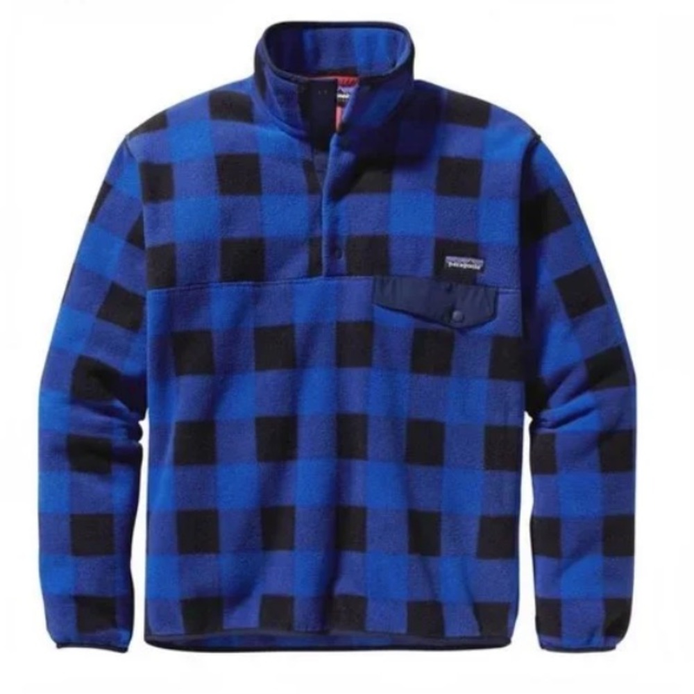 Patagonia Fleece Synchilla Snap-T Pullover Buffalo Plaid Check Blue Mens S